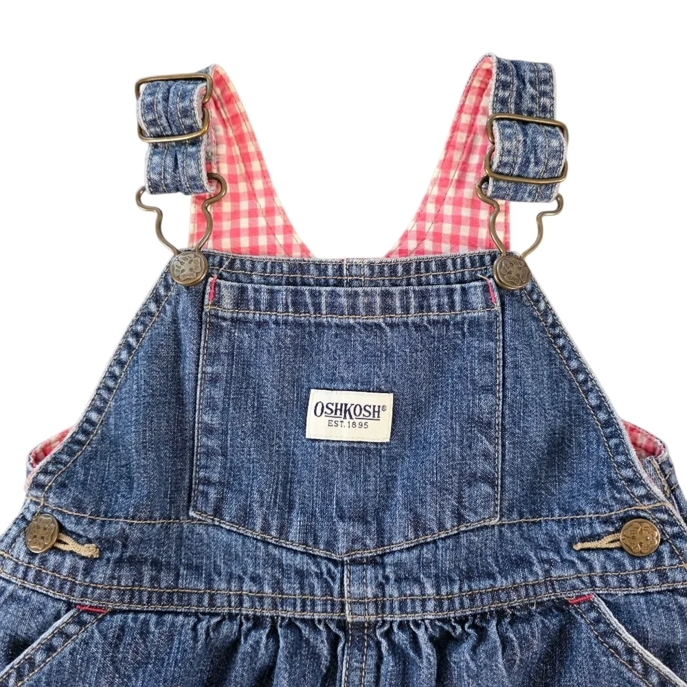 OshKosh B'gosh Vintage Baby Girl Denim Overall Dress 18 Months Pink Gingham